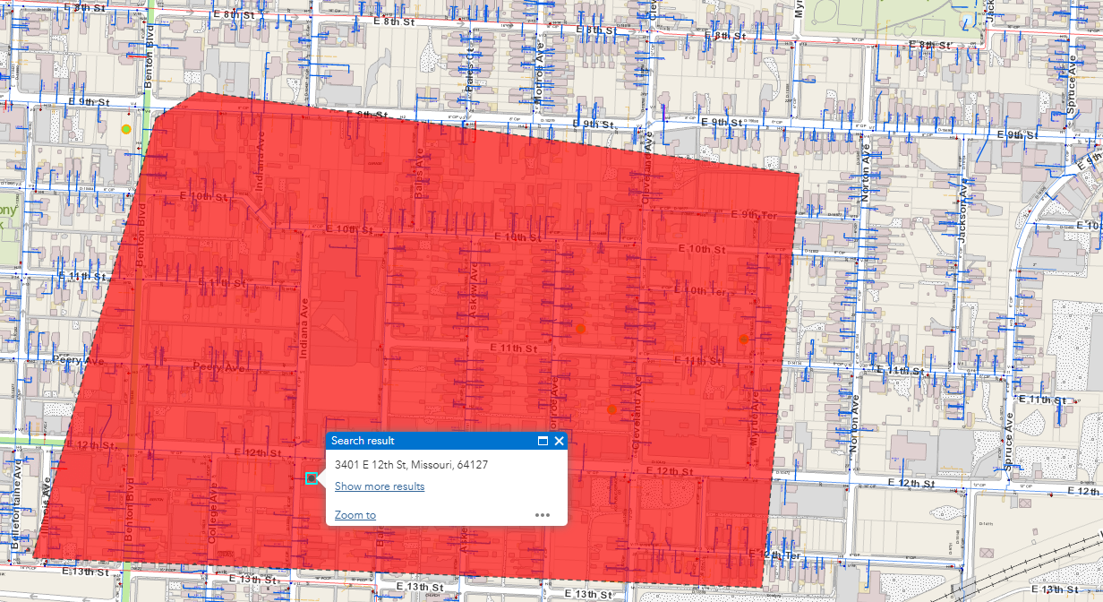 A diagram of the water shut area for work being done in the area of Benton Blvd to Jackson Ave and E. 10th St. to E. Truman Rd
